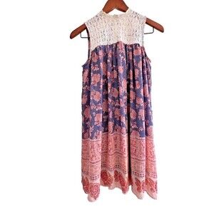 Womens Print boho dress blouse midi sleeveless white blue floral basic size M